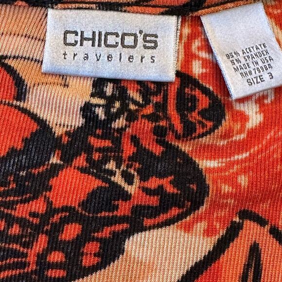 Chico’s Travelers Women’s 3 (16) Short Sleeve V-Neck Shirt Orange & Black Print - Picture 4 of 7